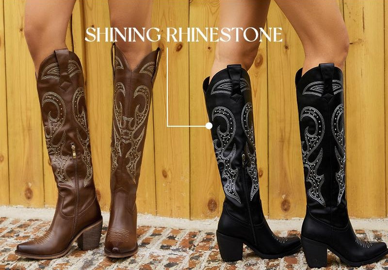Snip Toe Western Boots Side Zipper and Chunky Heel Design Embroidery Cowboy Boots for Women