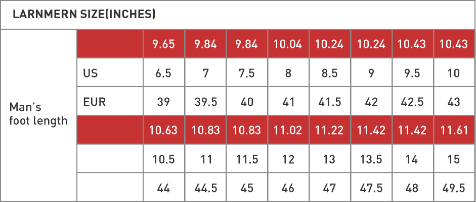 Size chart of mens shoes