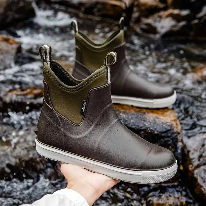 Men's Waterproof Rubber Deck Boots Slip On Ankle Boots
