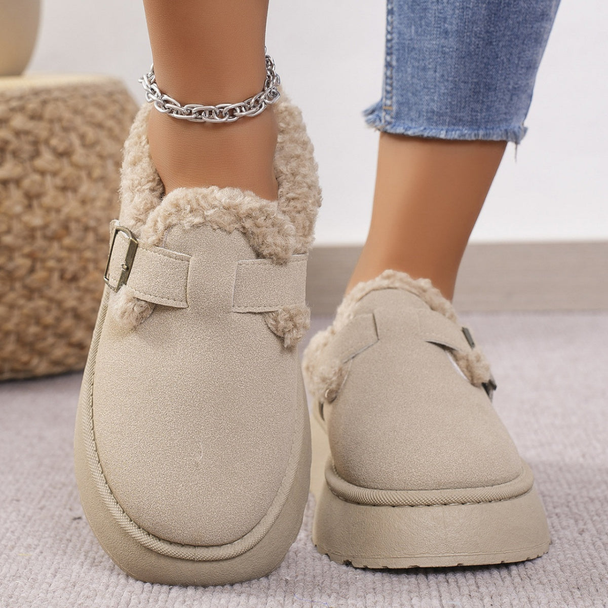 Women's Winter Platform Mule Slippers Fuzzy Slip-on Warm Slippers For Outdoor Indoor