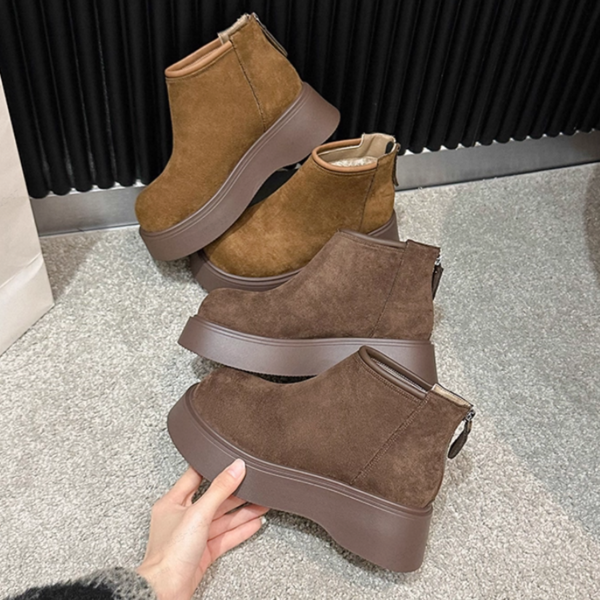 Women Fleece Lined Platform Winter Boots Non Slip Fuzzy Suede Boots With Zipper