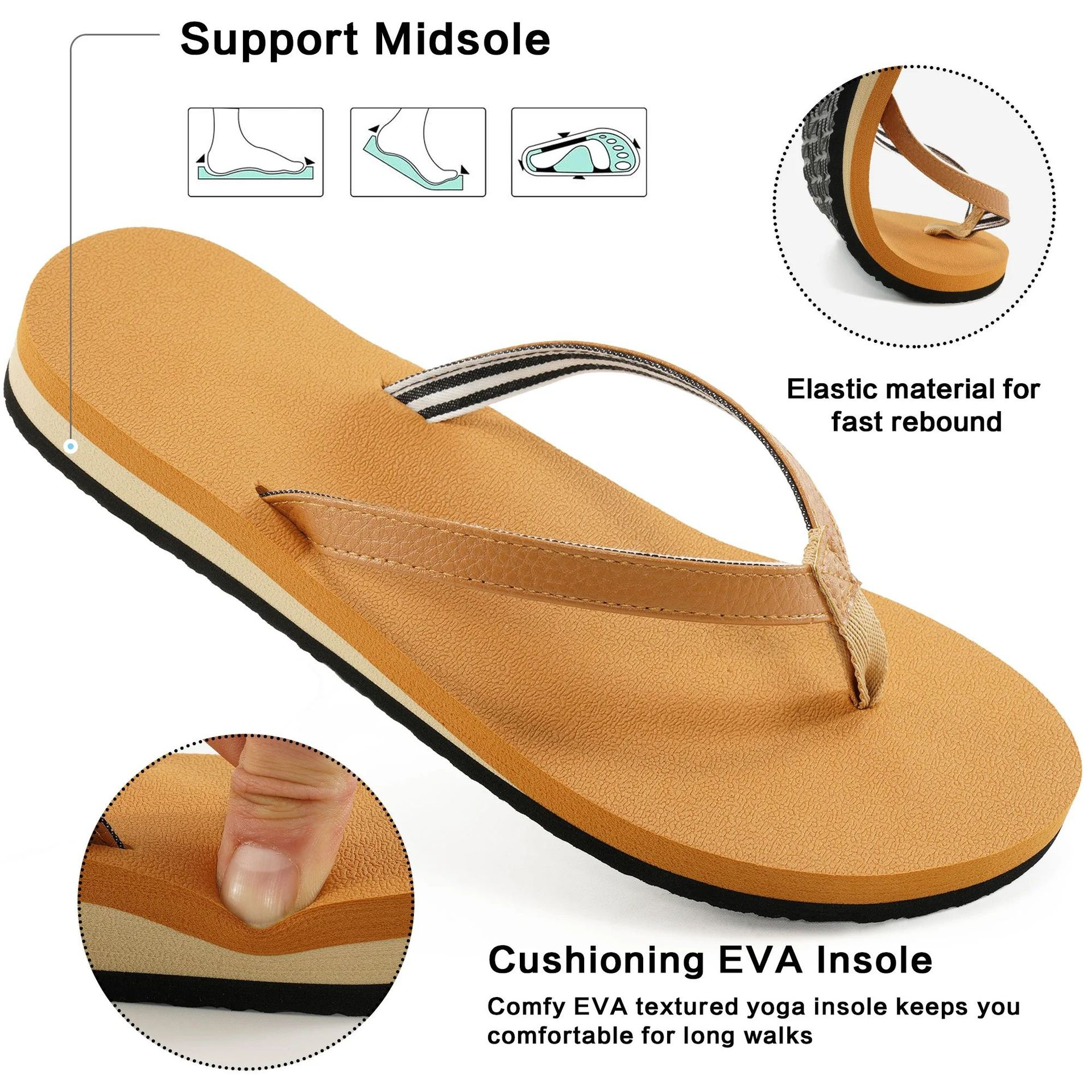 Women's Leather Flip Flop Flat Sandals With Arch Support