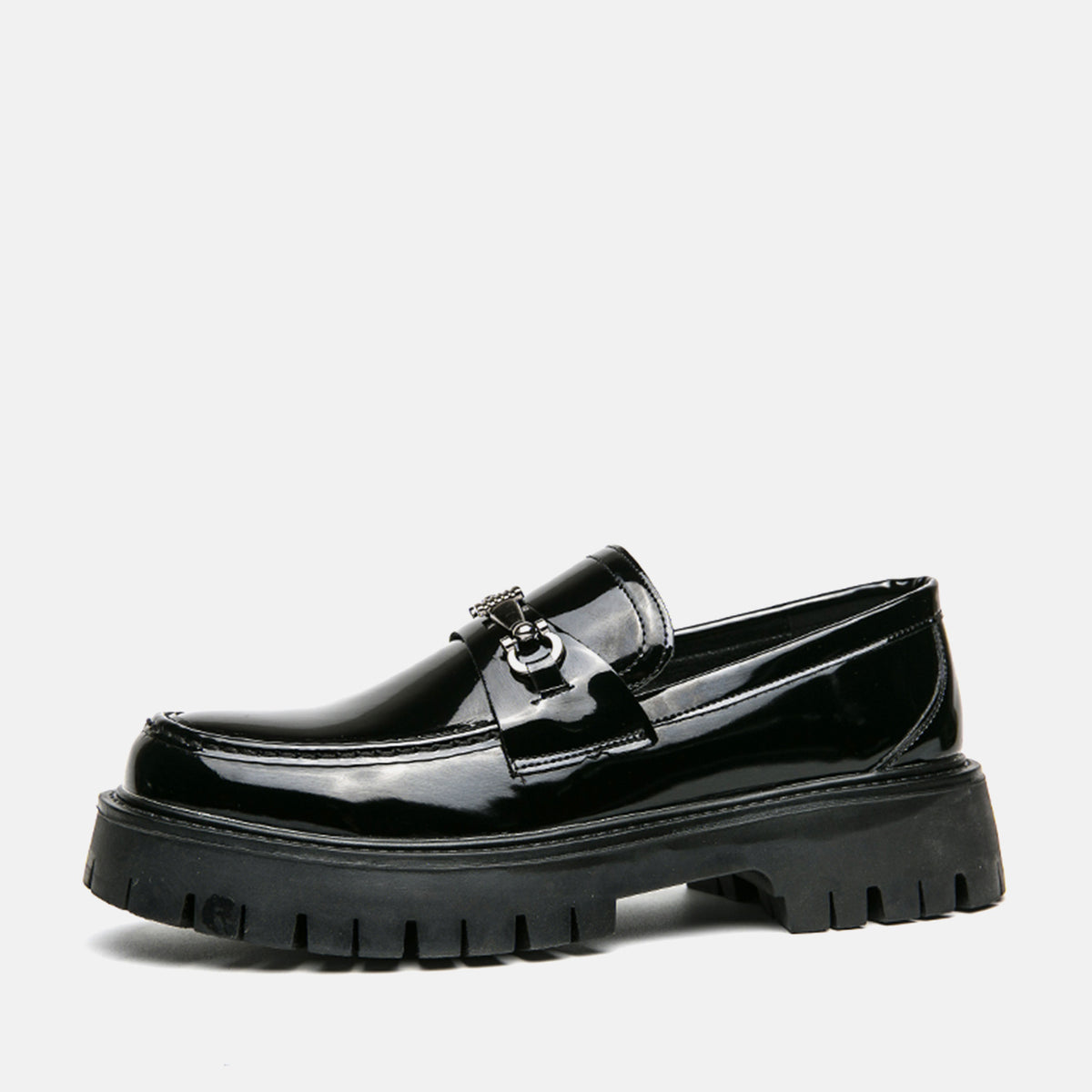 Men's Patent Leather Chunky Platform Loafers Metal Buckle Lug Sole Dress Shoes, #DM2776400