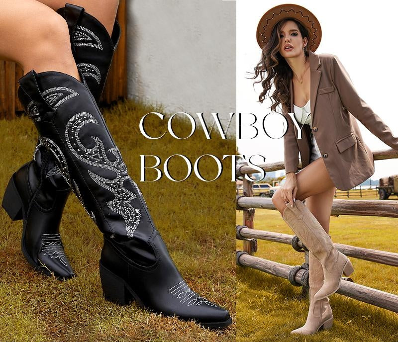 Snip Toe Western Boots Side Zipper and Chunky Heel Design Embroidery Cowboy Boots for Women