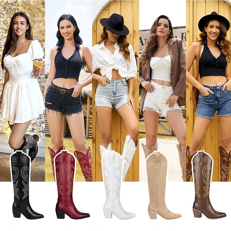 Snip Toe Western Boots Side Zipper and Chunky Heel Design Embroidery Cowboy Boots for Women