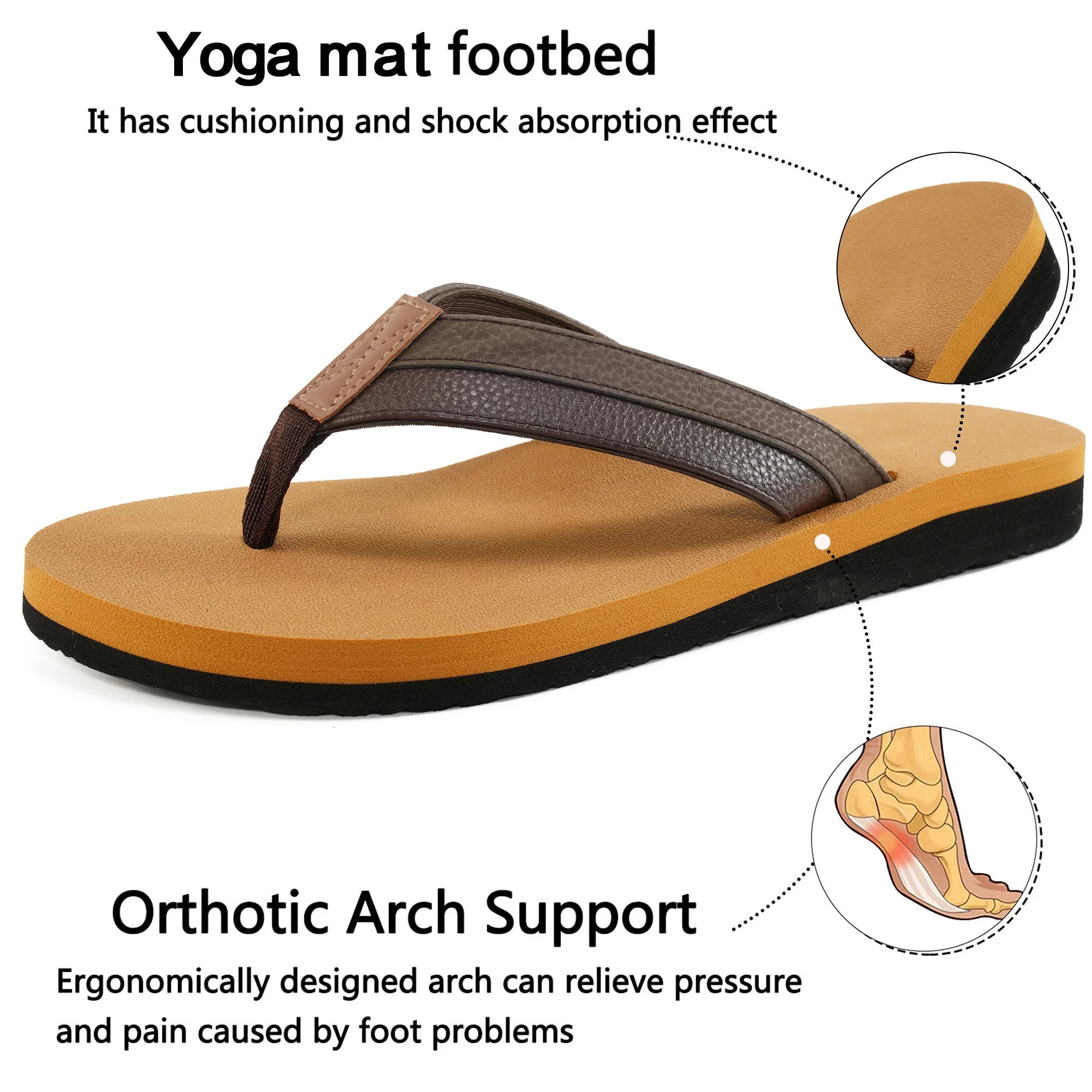 Men's Leather Flip Flops With Arch Support Lightweight Summer Sandals