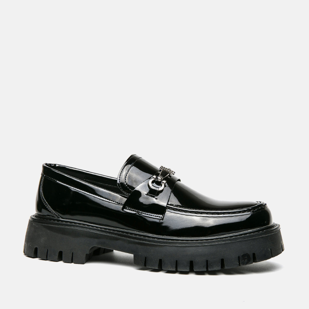 Men's Patent Leather Chunky Platform Loafers Metal Buckle Lug Sole Dress Shoes, #DM2776400