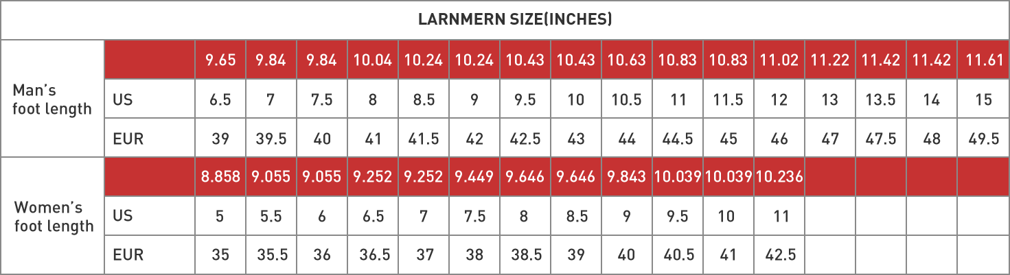 Larnmern Size chart