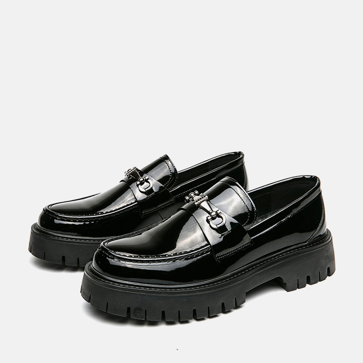 Men's Patent Leather Chunky Platform Loafers Metal Buckle Lug Sole Dress Shoes, #DM2776400