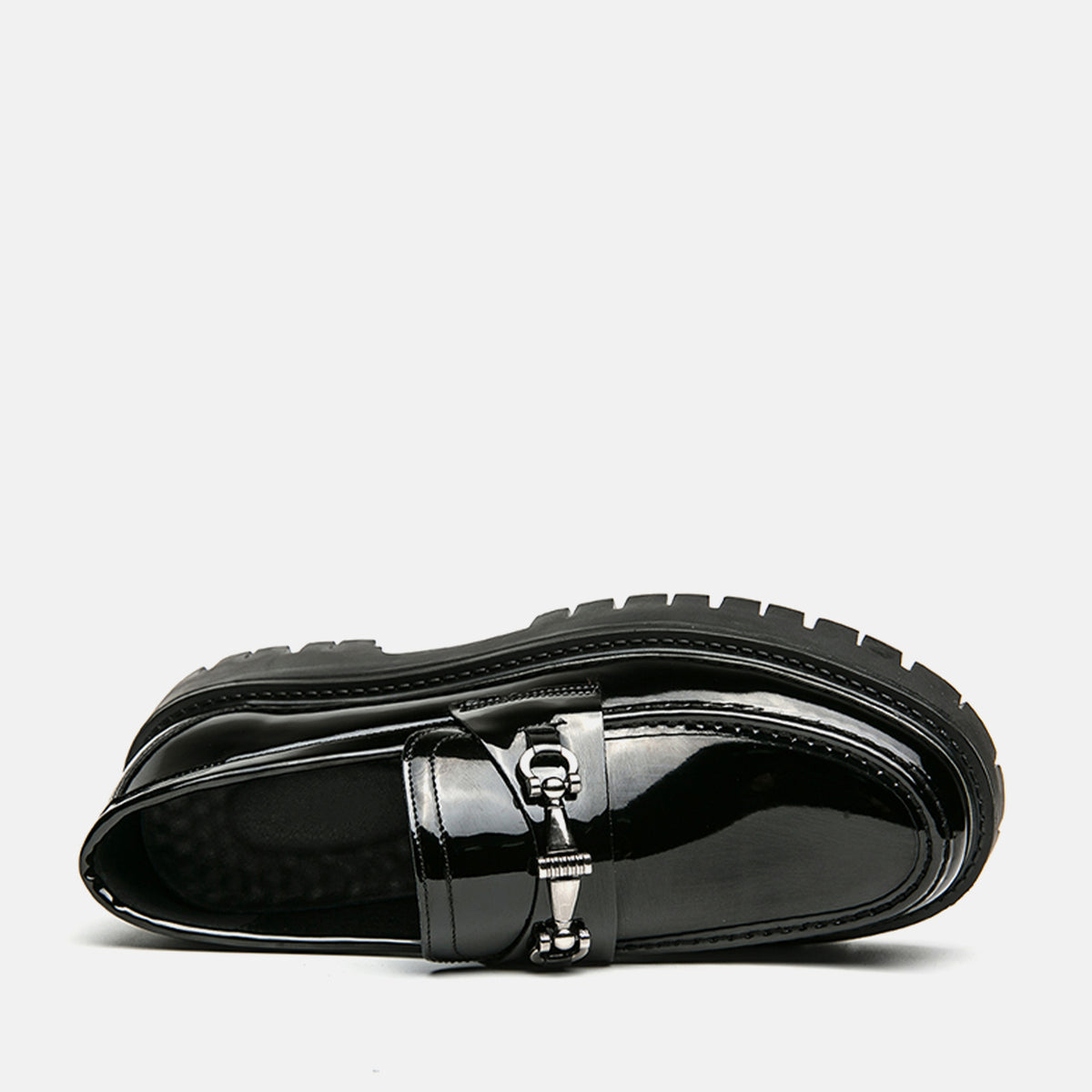 Men's Patent Leather Chunky Platform Loafers Metal Buckle Lug Sole Dress Shoes, #DM2776400