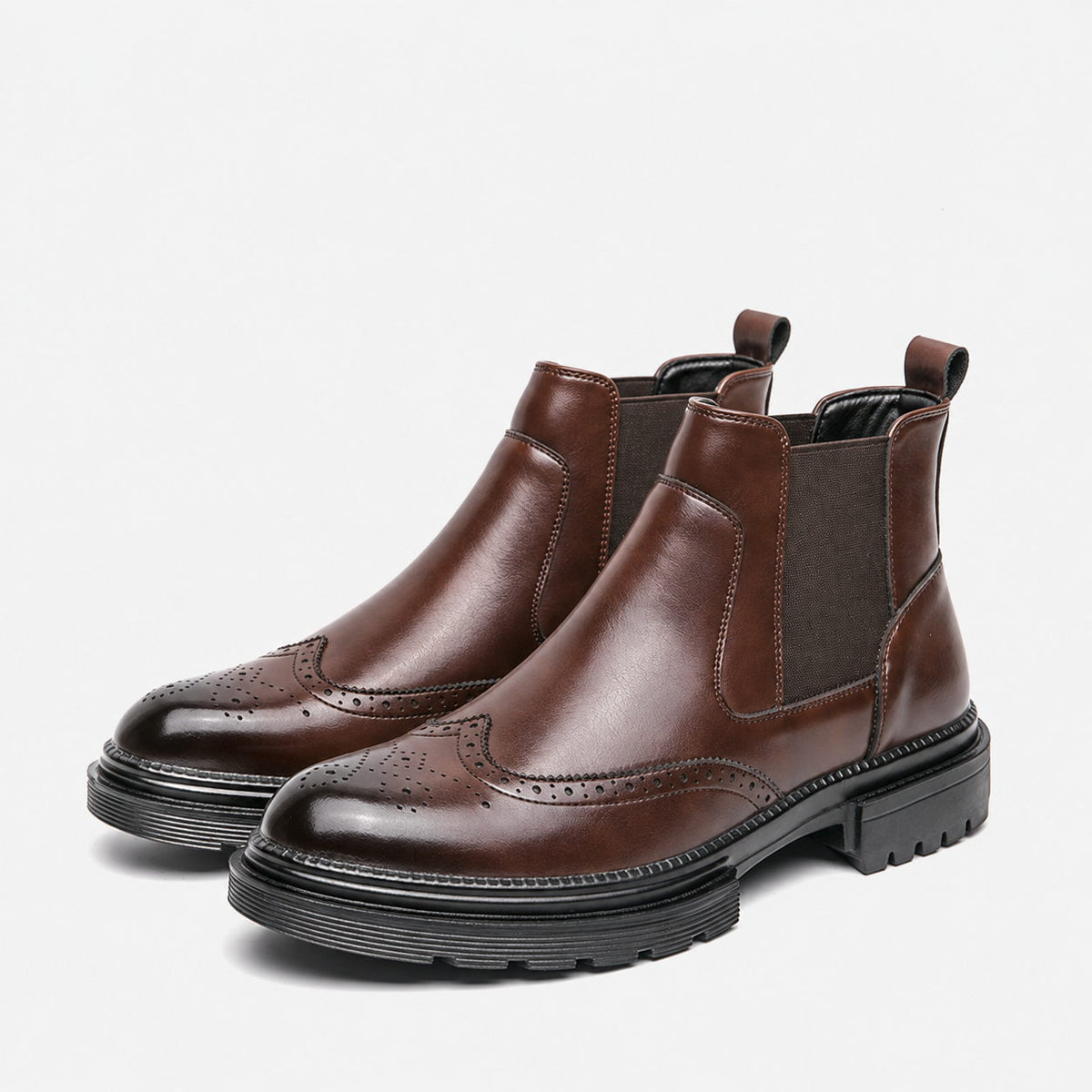 Men's Leather Brogue Chelsea Boots Wingtip Lug Sole Slip On Ankle Boots,#T2776496