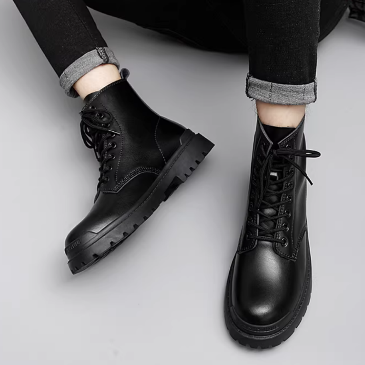 Men Black Leather Lace Up Boots Fleece-lined High Cut Elevator Male Boots