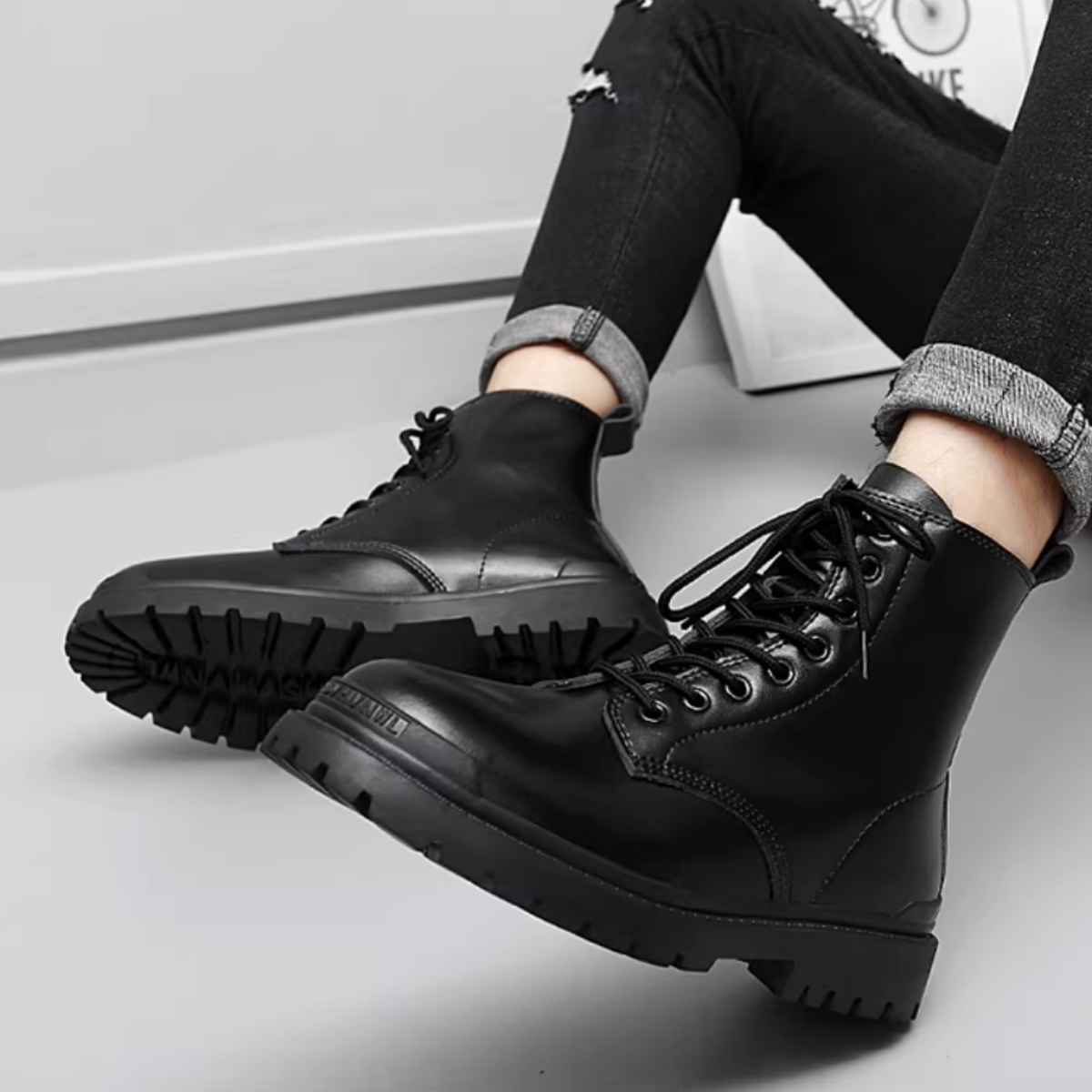 Men Black Leather Lace Up Boots Fleece-lined High Cut Elevator Male Boots
