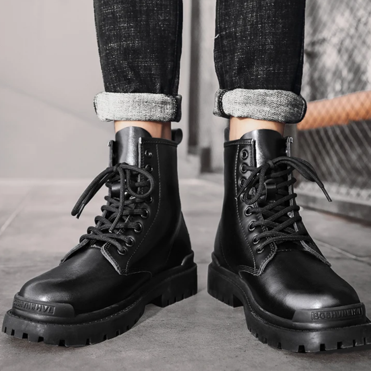 Men Black Leather Lace Up Boots Fleece-lined High Cut Elevator Male Boots