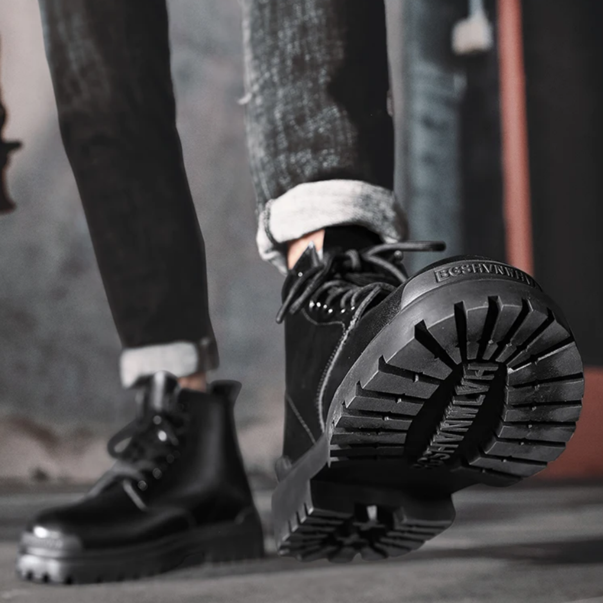 Men Black Leather Lace Up Boots Fleece-lined High Cut Elevator Male Boots